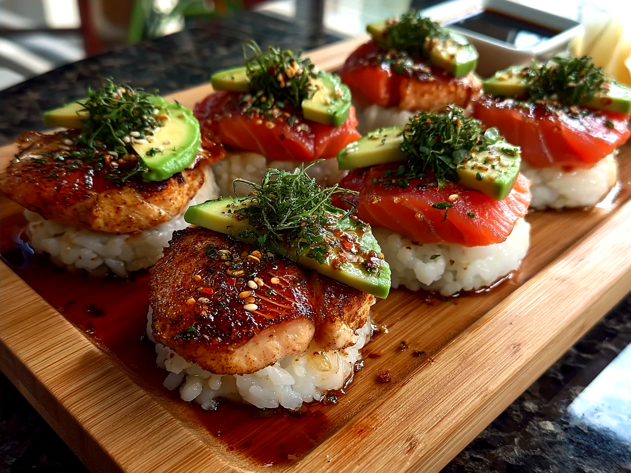 Rice Sushi with Smoked Salmon Avocado served on a wooden board with soy sauce and wasabi