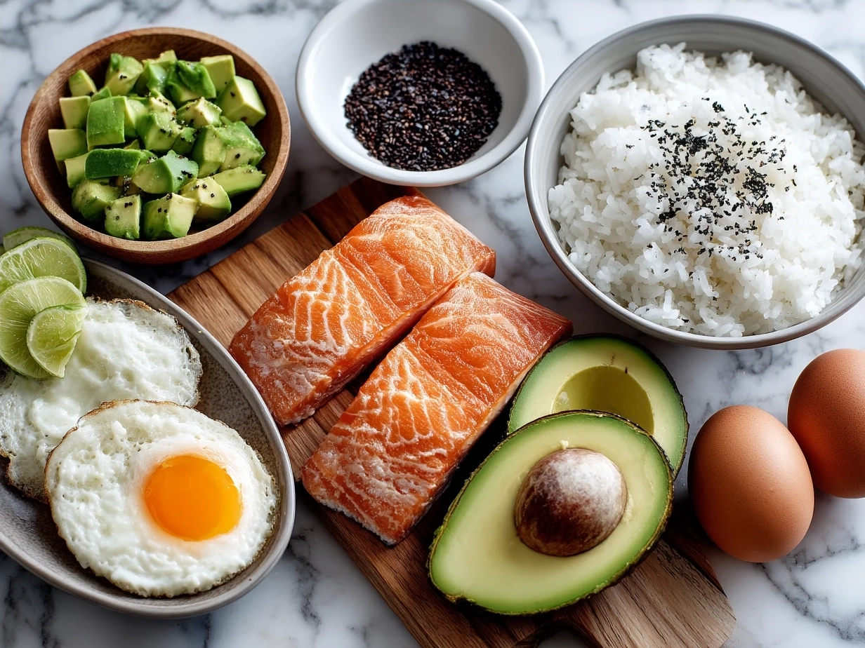 Ingredients for Rice Sushi with Smoked Salmon Avocado laid out including sushi rice, smoked salmon, avocado, nori sheets, and seasonings