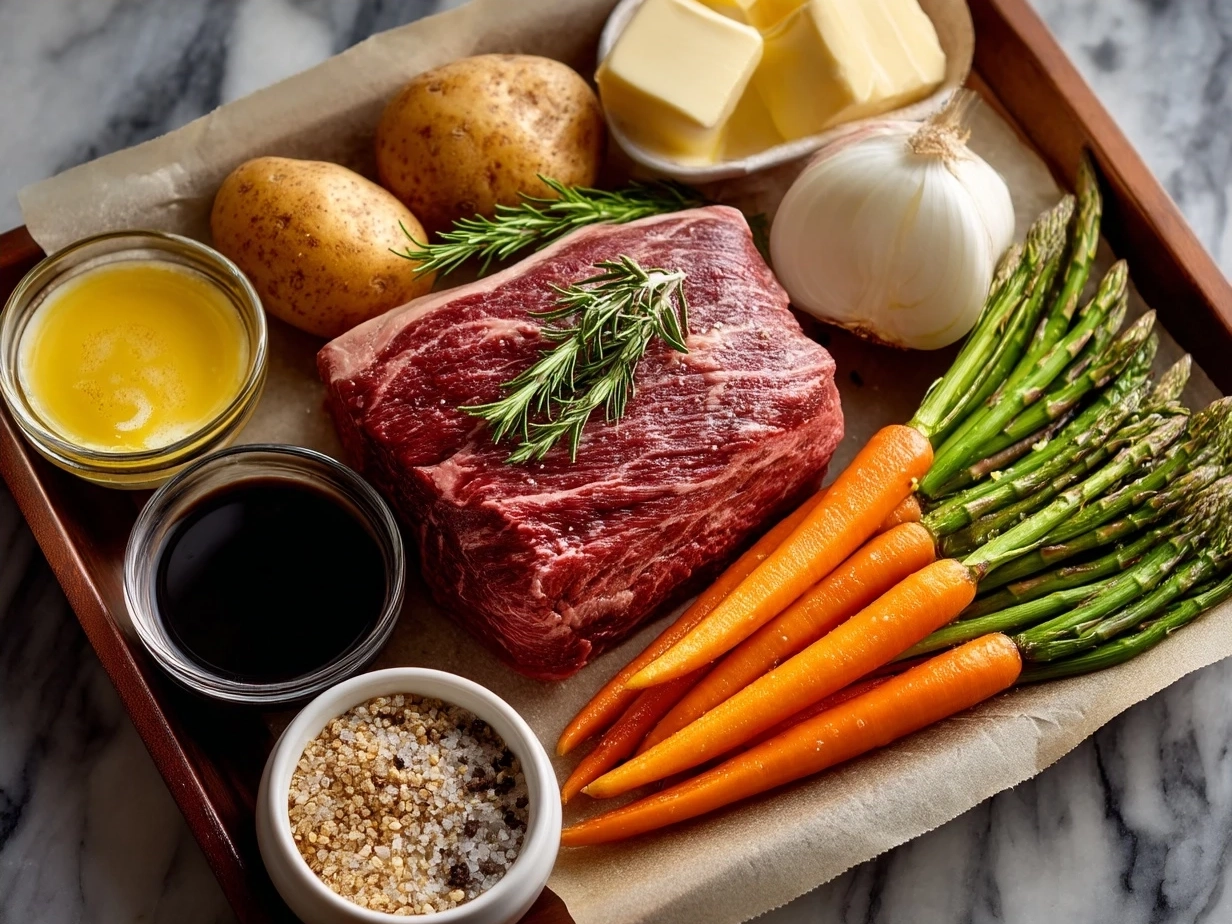 Ingredients for Roast Beef in the Oven including beef roast, olive oil, garlic, herbs, broth