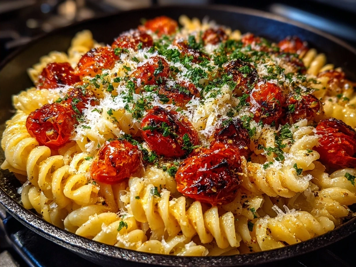 Finished Roasted Tomato Ricotta Pasta served with fresh basil and grated Parmesan