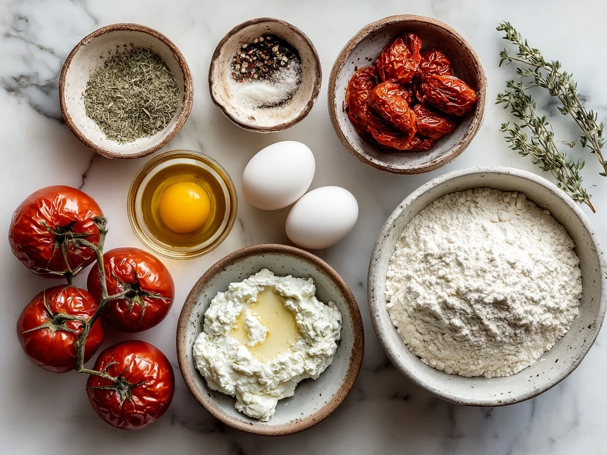 Ingredients for Roasted Tomato Ricotta Pasta including cherry tomatoes, ricotta cheese, garlic, olive oil, pasta, and fresh basil
