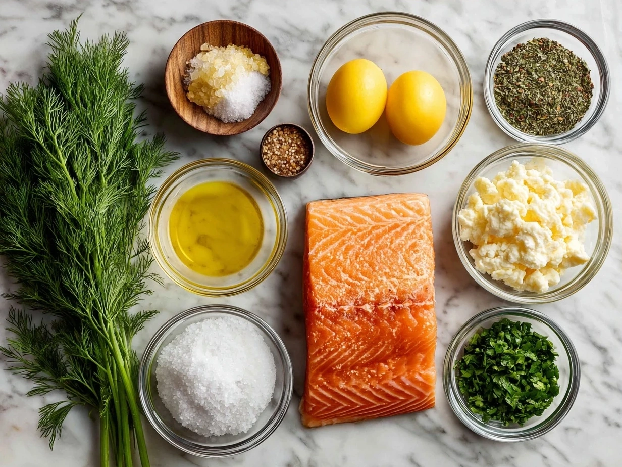 Ingredients for Salmon Piccata including salmon fillets, lemon, butter, capers, and garlic