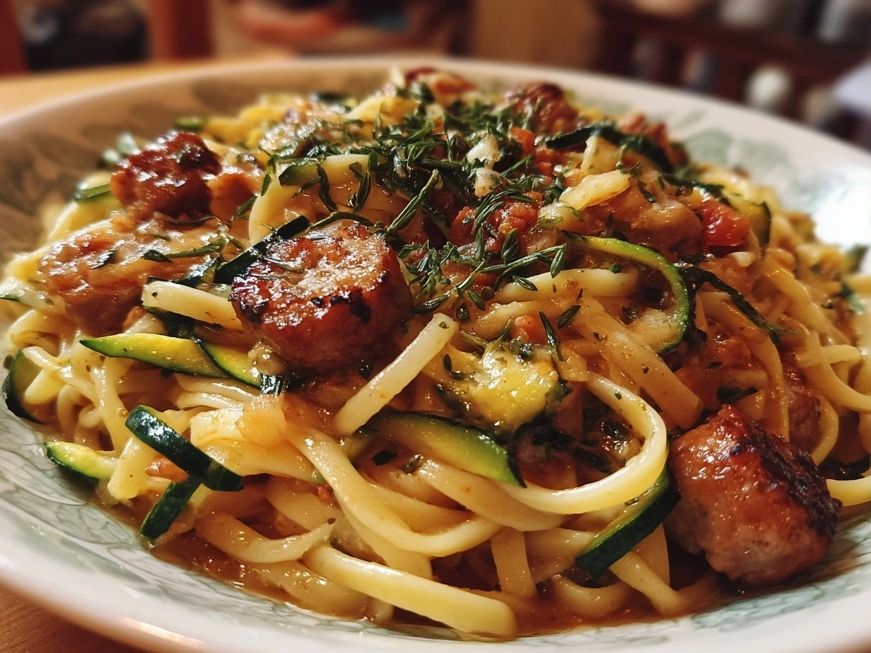 Creamy and comforting Sausage and Courgette Pasta served in a bowl