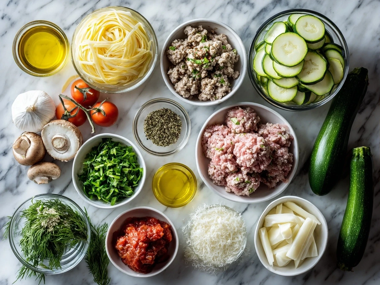 Ingredients for Sausage and Courgette Pasta including Italian sausage, courgettes, pasta, cream, onion, garlic, olive oil, and Parmesan cheese