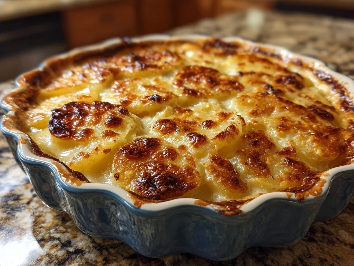 A serving of creamy scalloped potatoes alongside roasted chicken and green vegetables