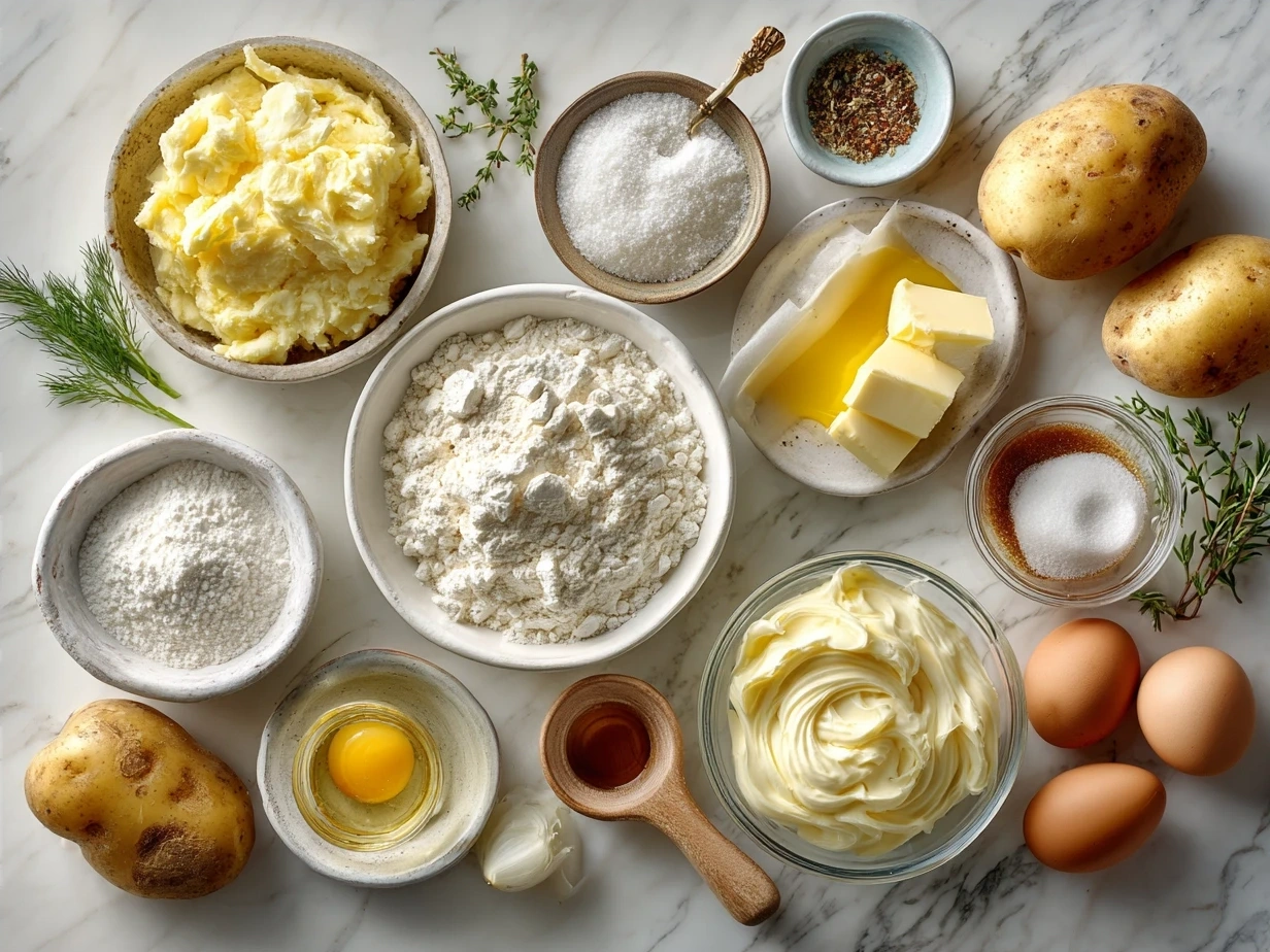 Ingredients for creamy scalloped potatoes including sliced potatoes, cheese, milk, butter, and onions