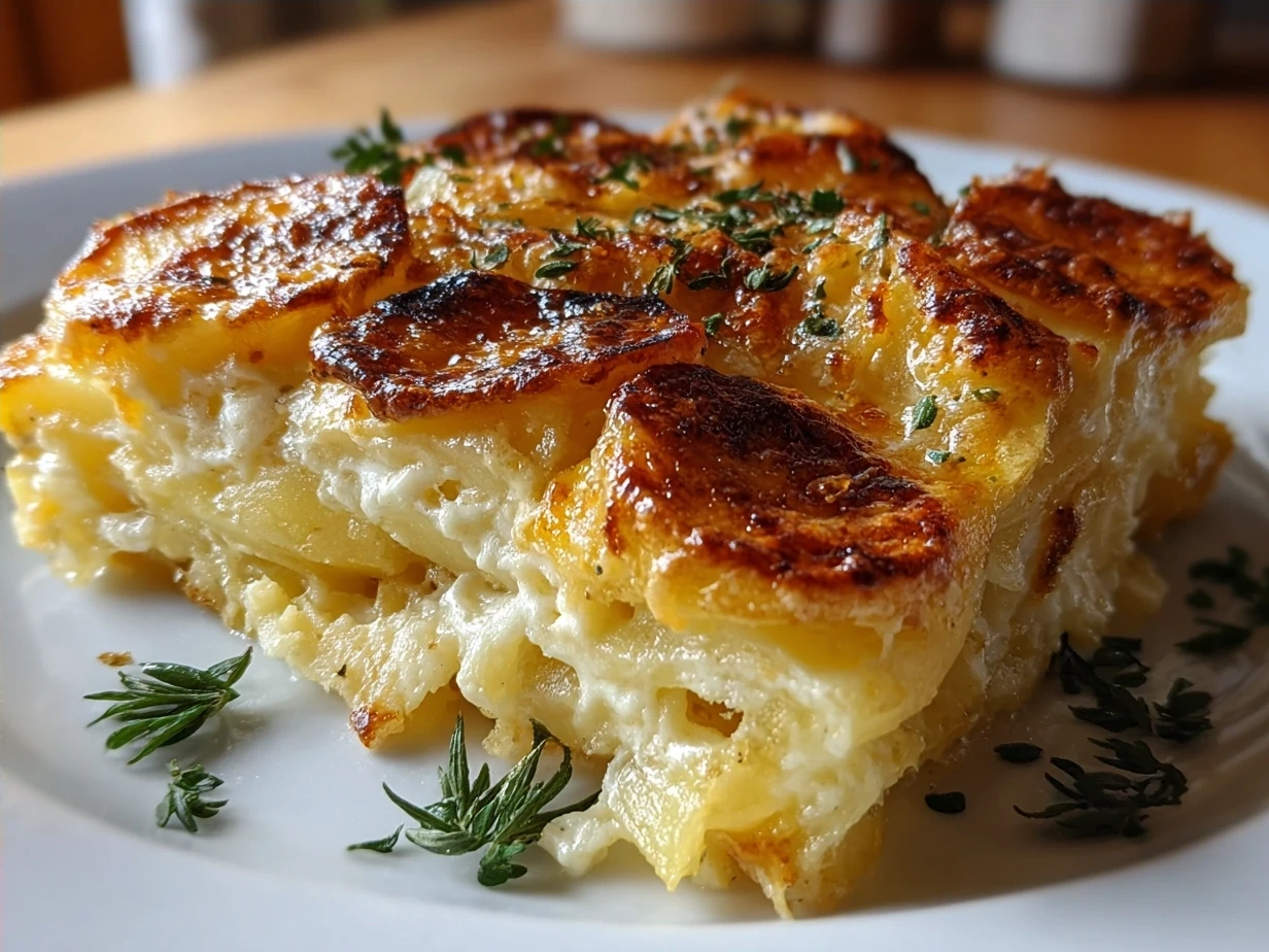 Final creamy scalloped potatoes served in a casserole dish, golden on top