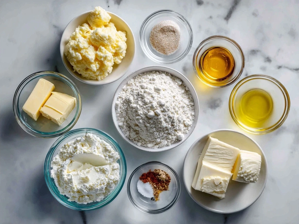 Ingredients for creamy scalloped potatoes including potatoes, cheese, onions, and seasonings