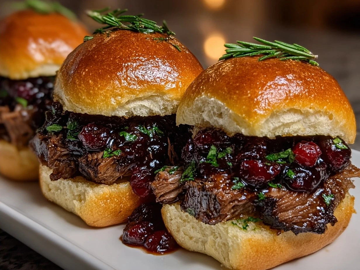 Finished Short Rib Sliders with Balsamic Cranberry Sauce served on a platter