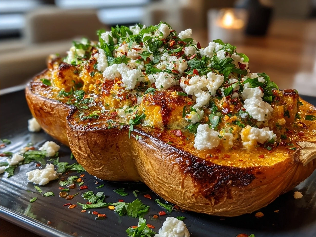 Finished Simanim Stuffed Butternut Squash garnished with fresh parsley