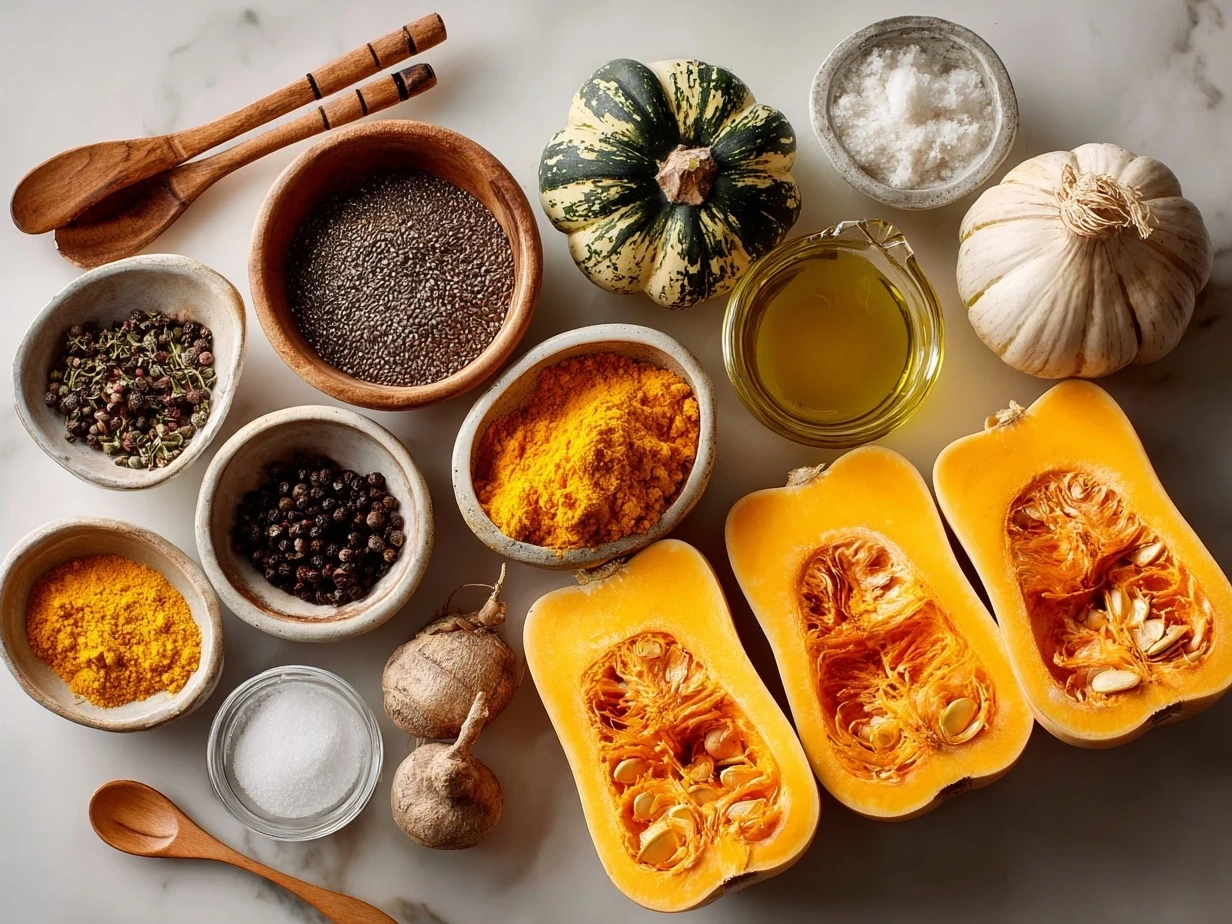 Ingredients for Simanim Stuffed Butternut Squash on a wooden table