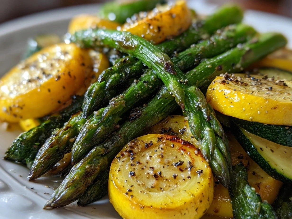 Close-up of finished roasted asparagus zucchini squash with golden edges