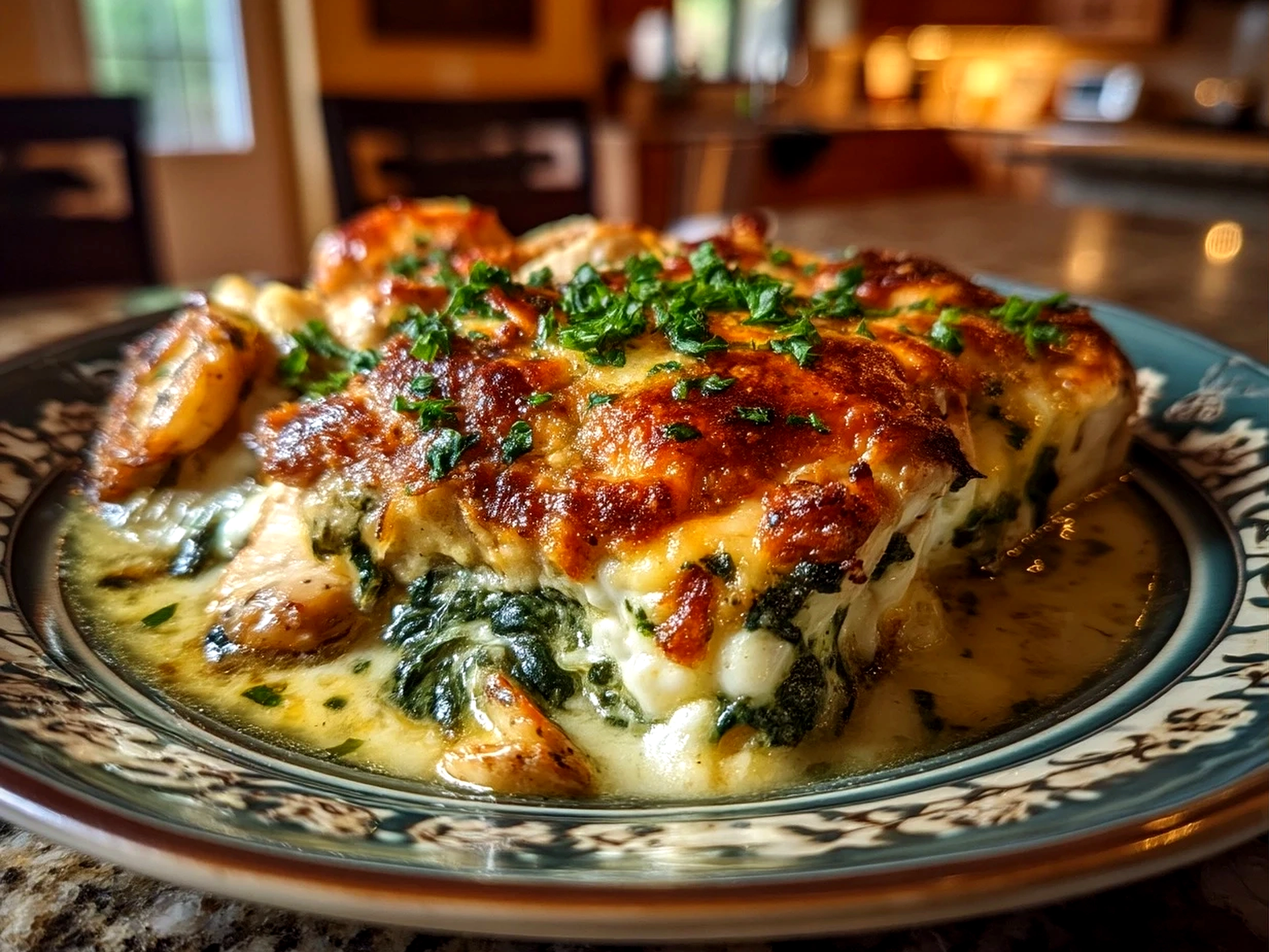 Slight angle close up of finished chicken and spinach casserole