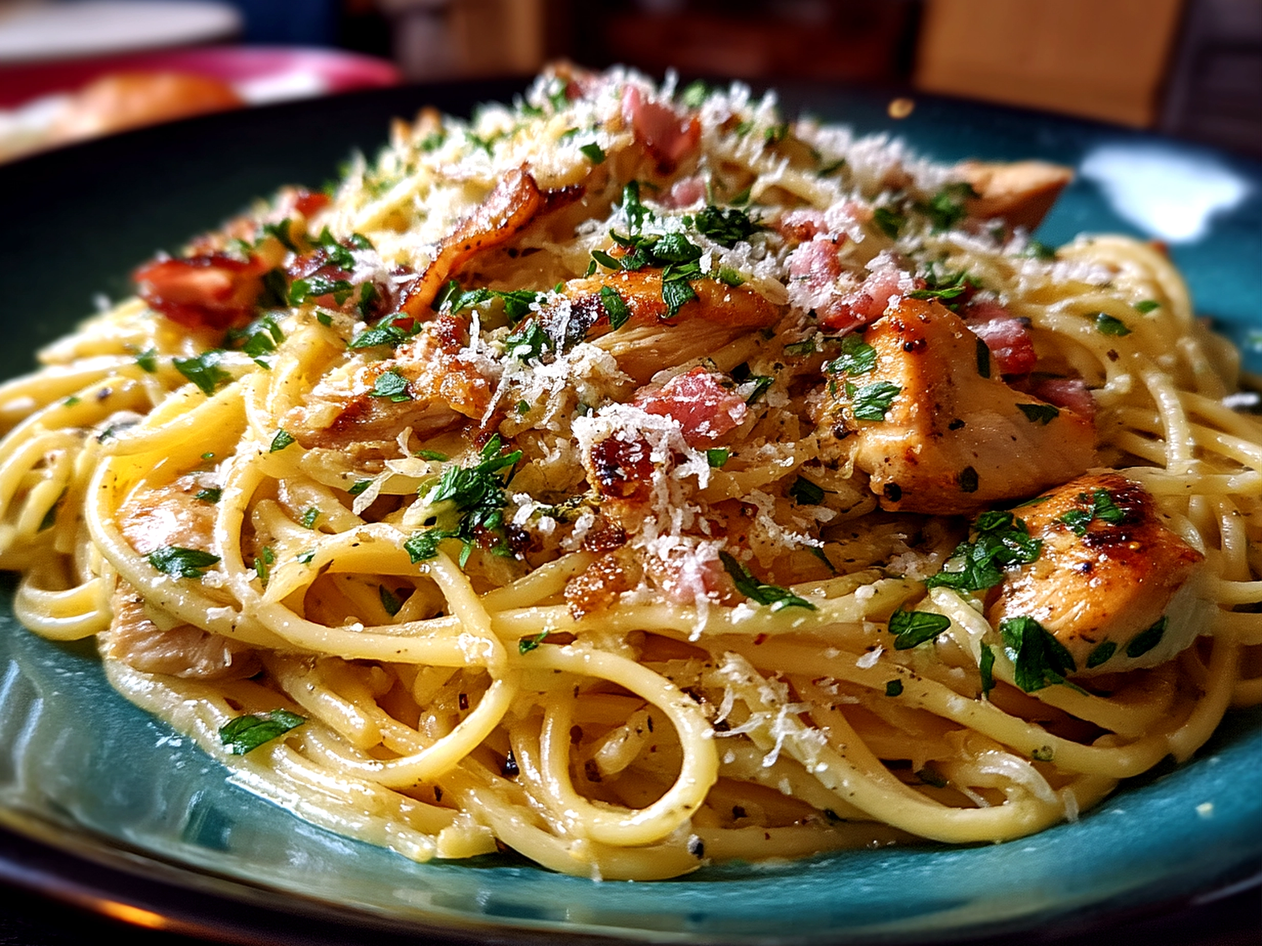 Close-up of a finished creamy Chicken Carbonara dish served on a plate