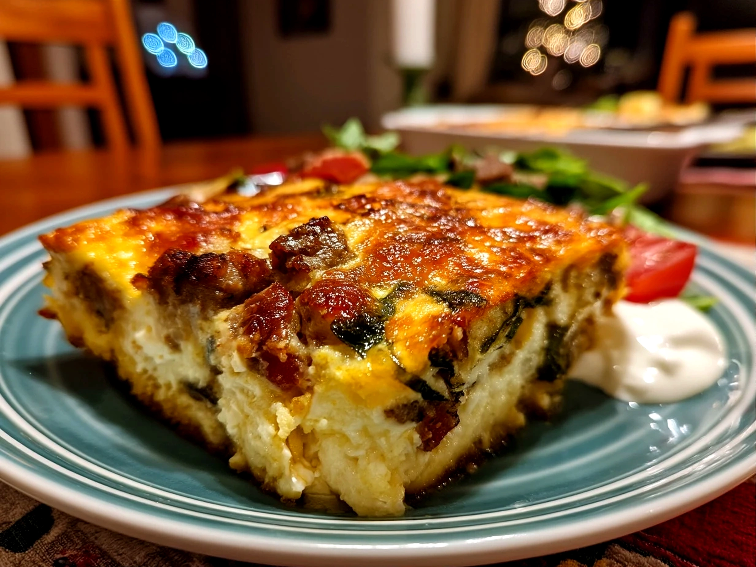 Slight angle close up of finished Chile Relleno Casserole