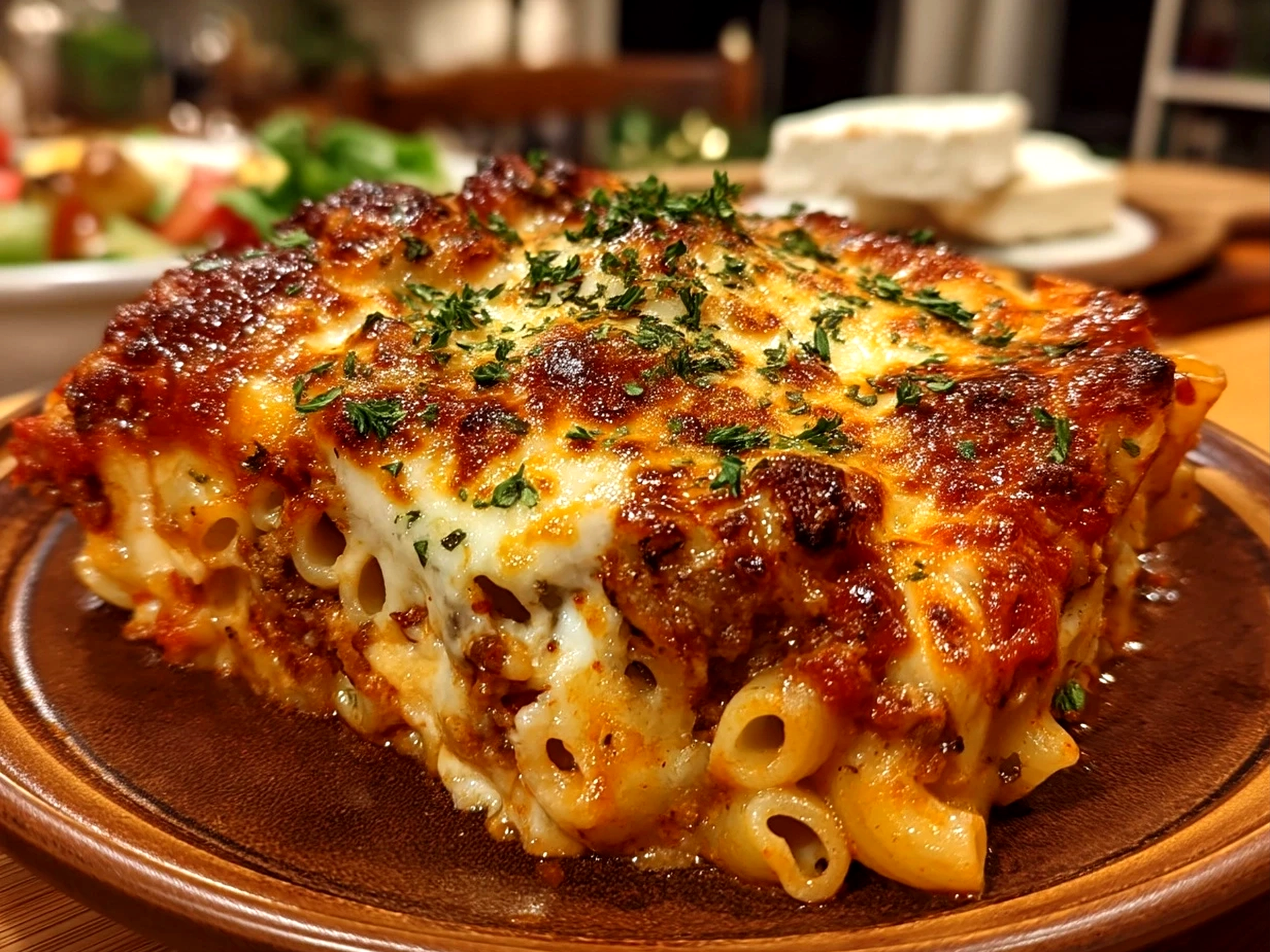 Slight angle close up of finished comforting baked ziti in serving dish