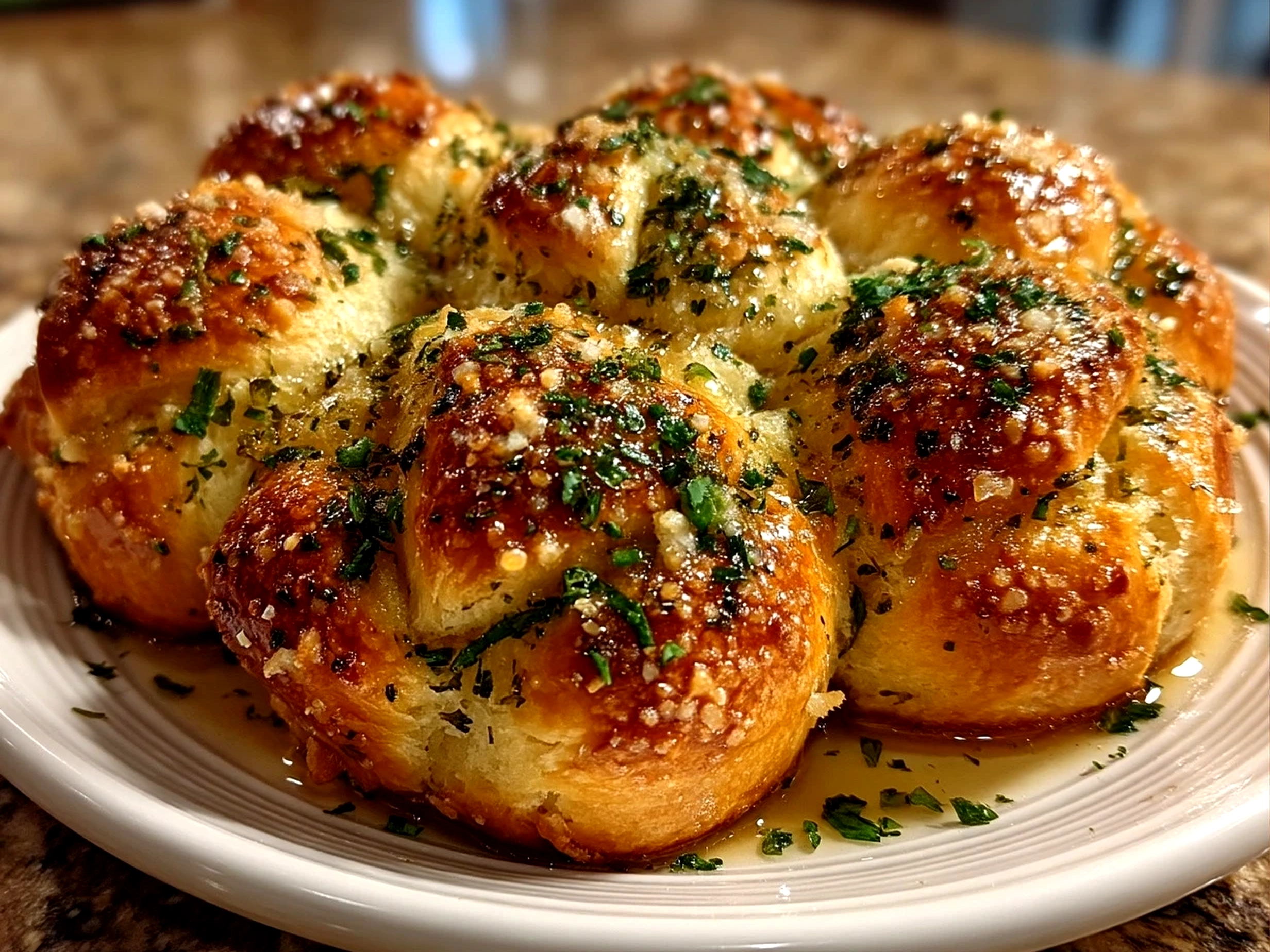 Slight angle close-up of finished comforting garlic knots