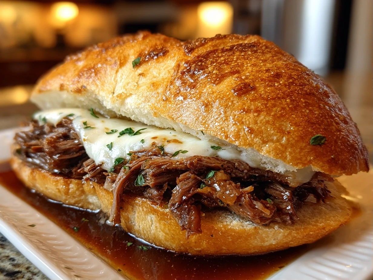 Close-up of finished Crockpot French Dip Sandwich with melted cheese and au jus dipping sauce