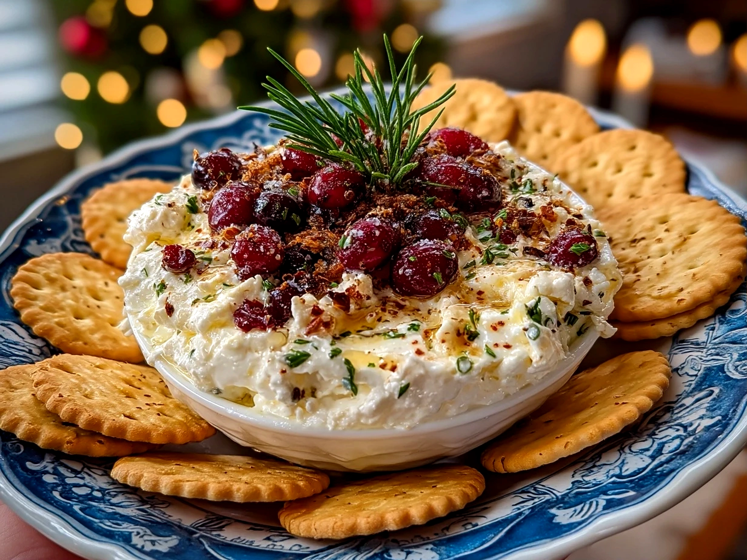 Slight angle close up of finished delicious cranberry whipped feta dip