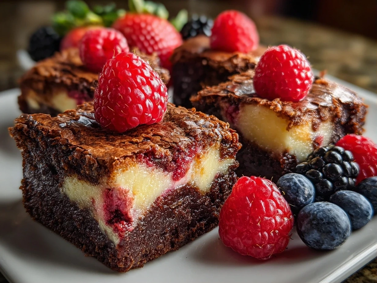 Slight angle close-up of finished fudgy raspberry swirl brownies garnished with fresh raspberries.