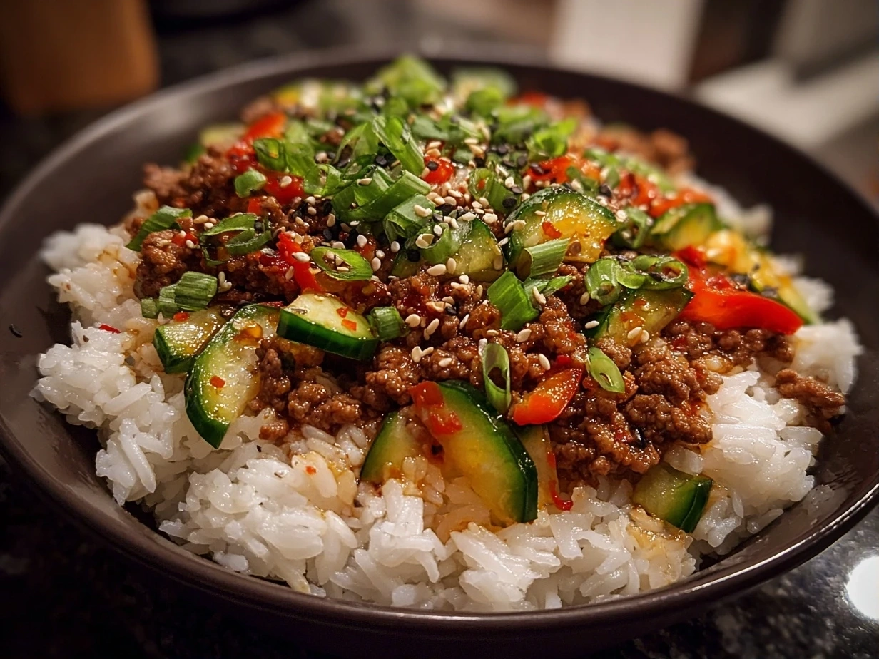 Slight angle close-up of a finished serving of Ground Turkey Teriyaki Rice Bowl garnished with green onions and sesame seeds