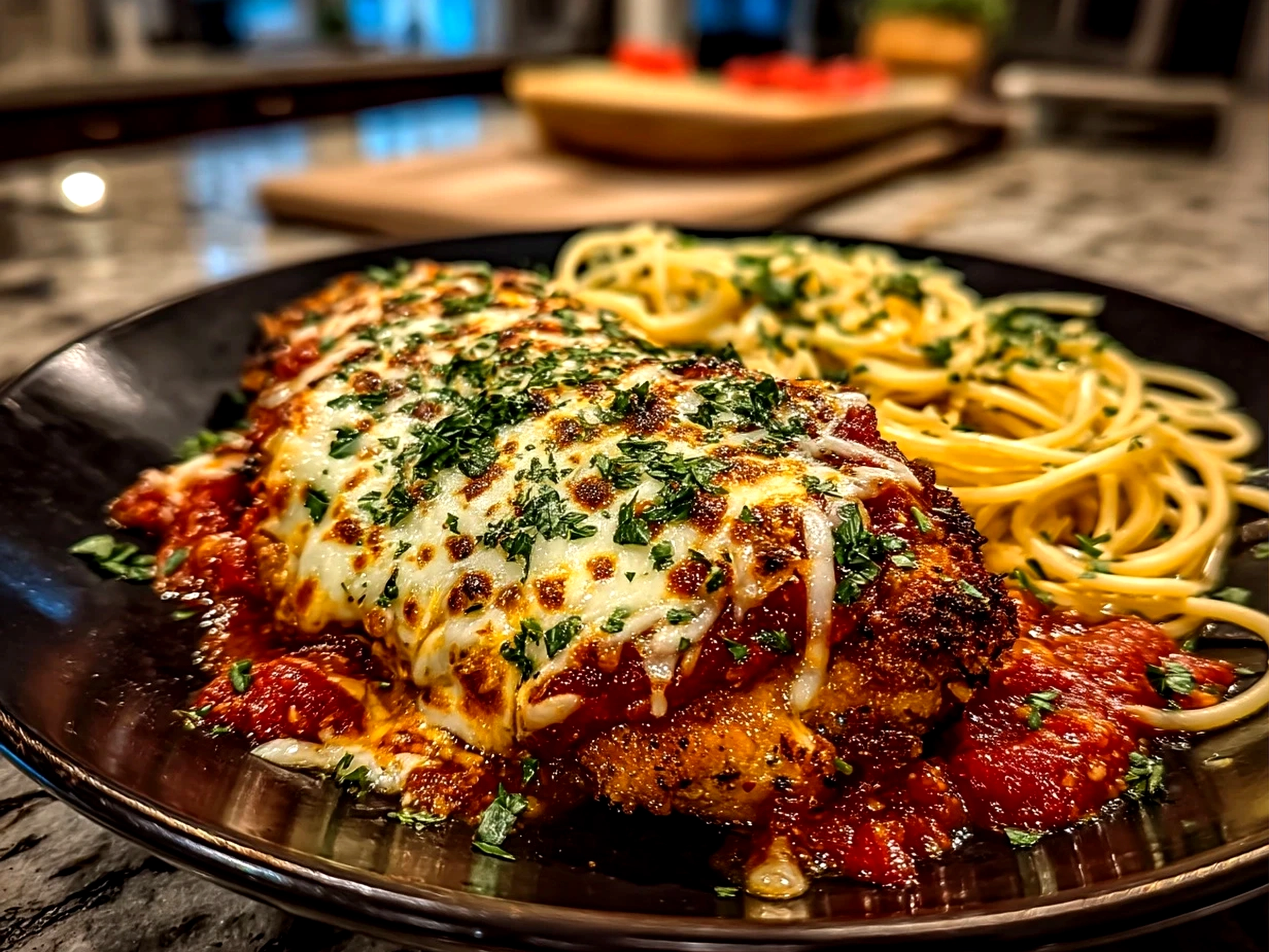 Slight angle close-up of finished homemade chicken parmesan