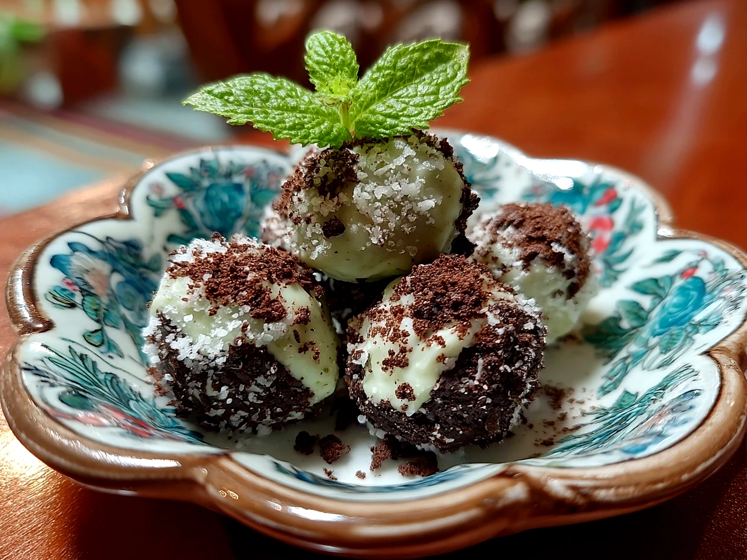 Close-up photo of finished Mint Oreo Balls, coated in chocolate and ready to serve