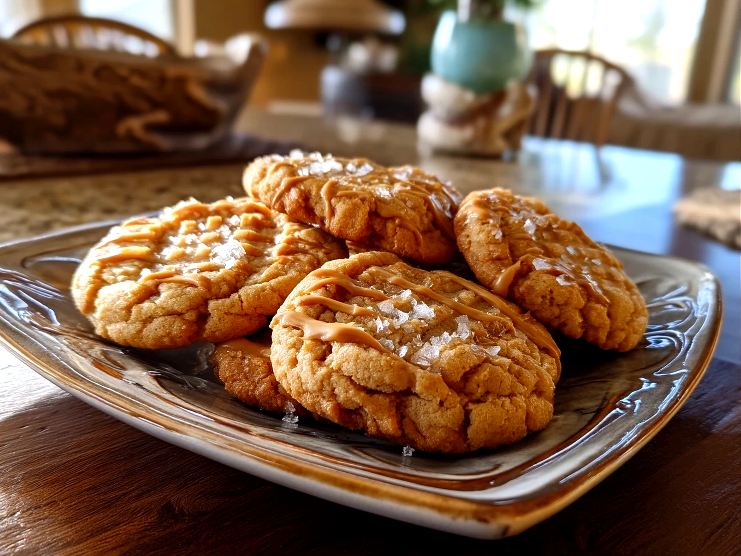 Slight angle close-up of finished peanut butter cookies stacked on a plate
