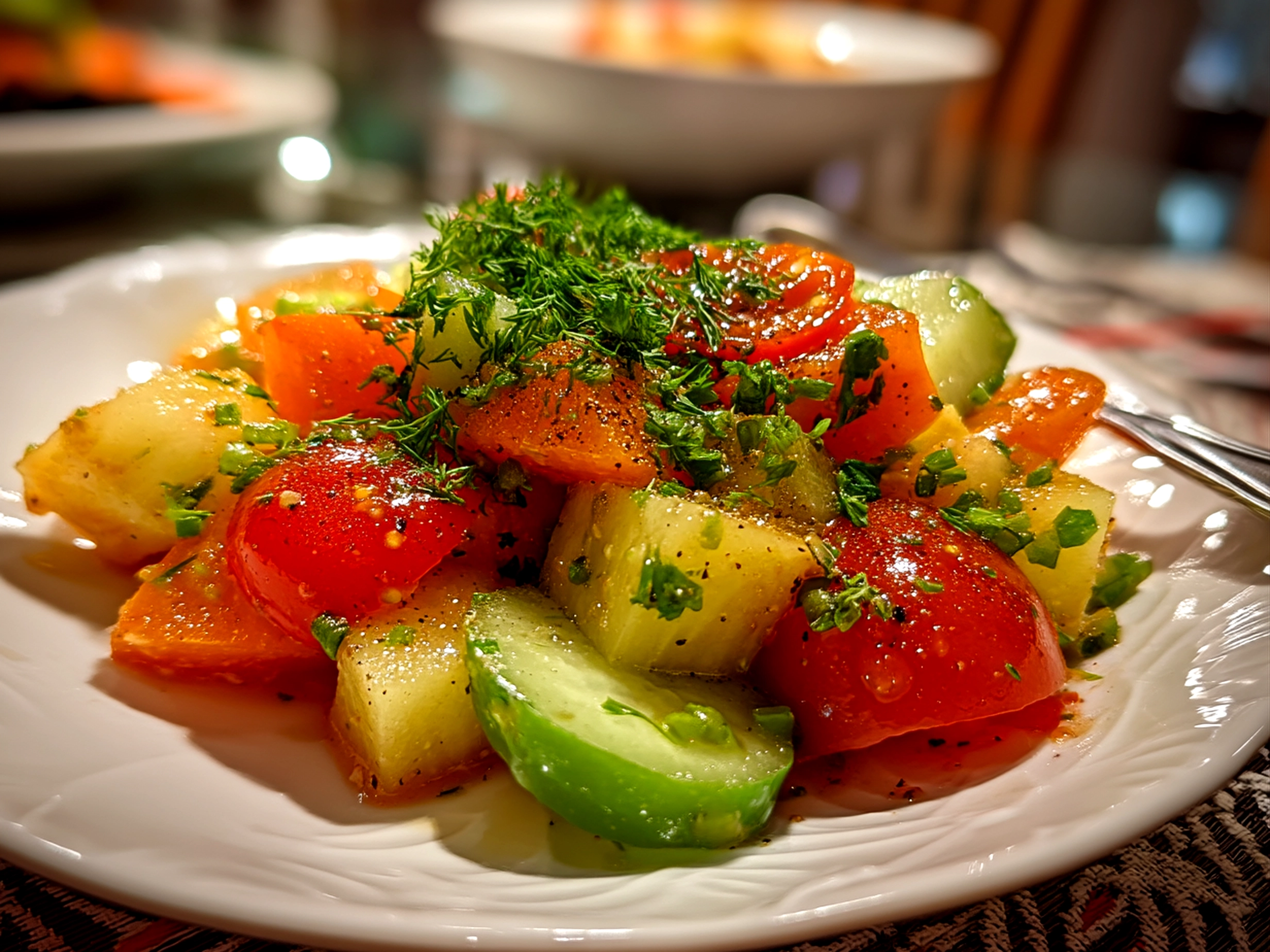 Slight angle close up finished Snicker Apple Salad in a glass bowl