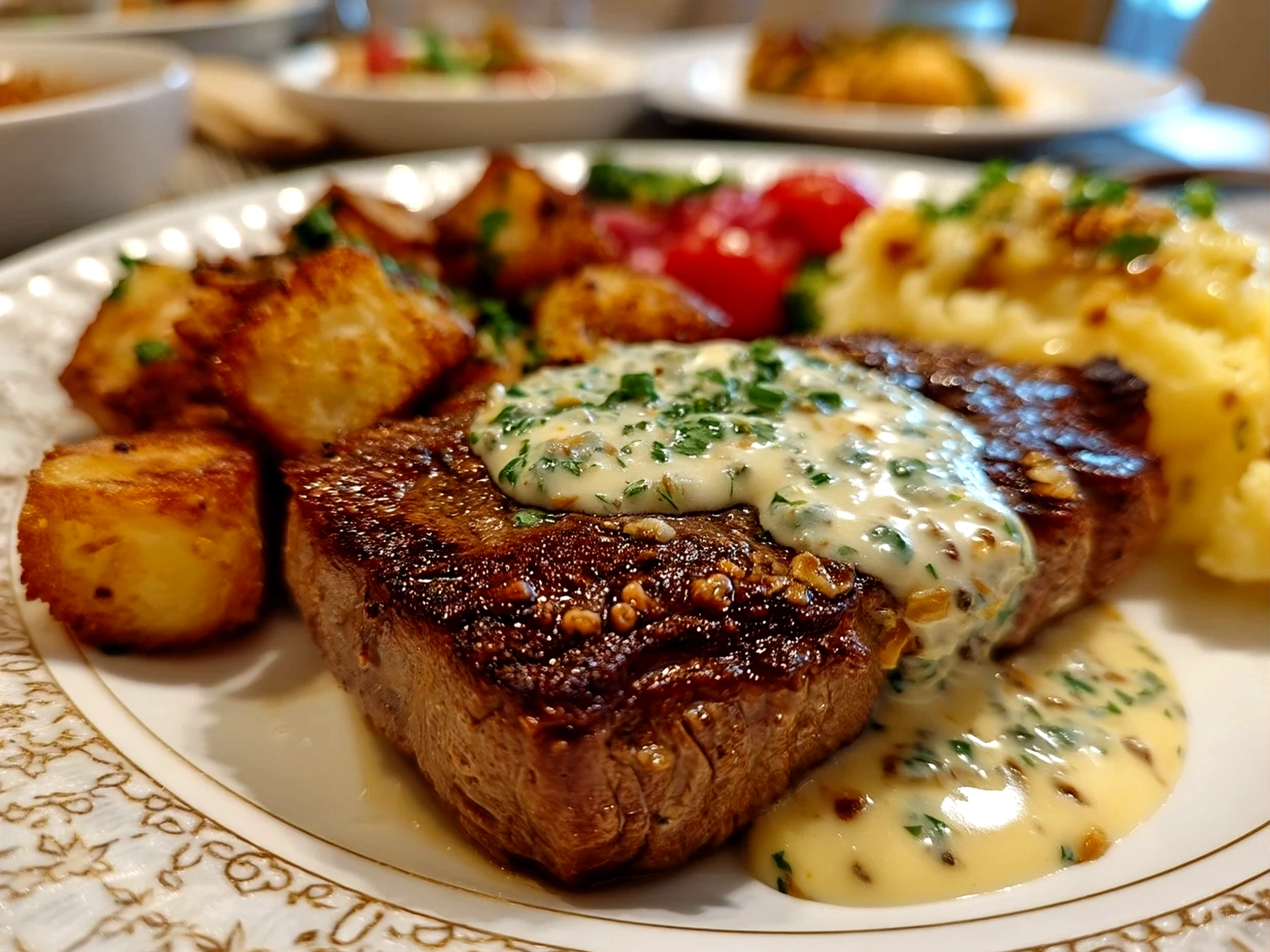Slight angle close up finished steak with rich garlic cream sauce