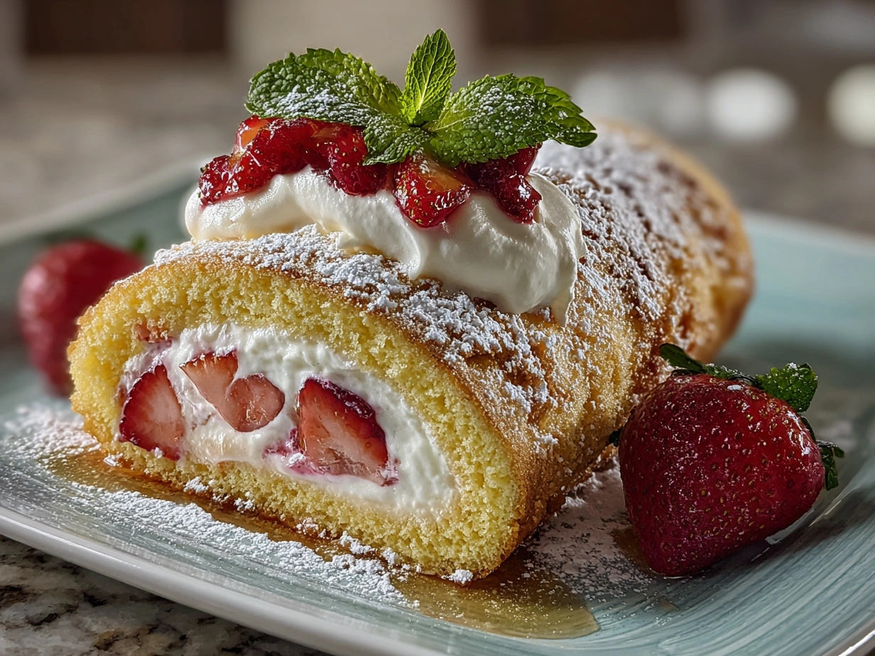 Slight angle close-up of finished Strawberry Cream Cake Roll showing creamy strawberry layers