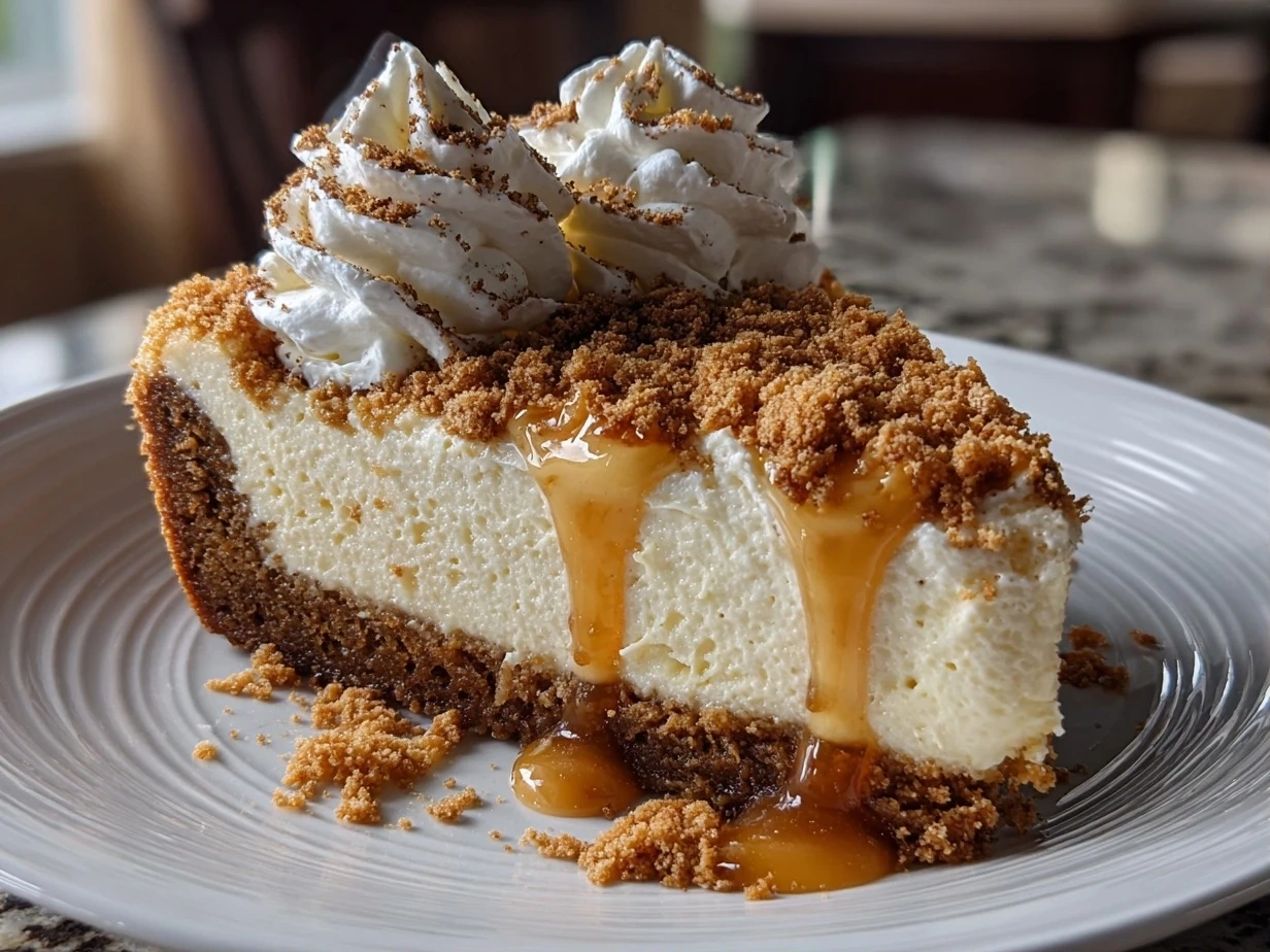 Close-up of finished Sugar Cookie Cheesecake with creamy layers and crumb topping