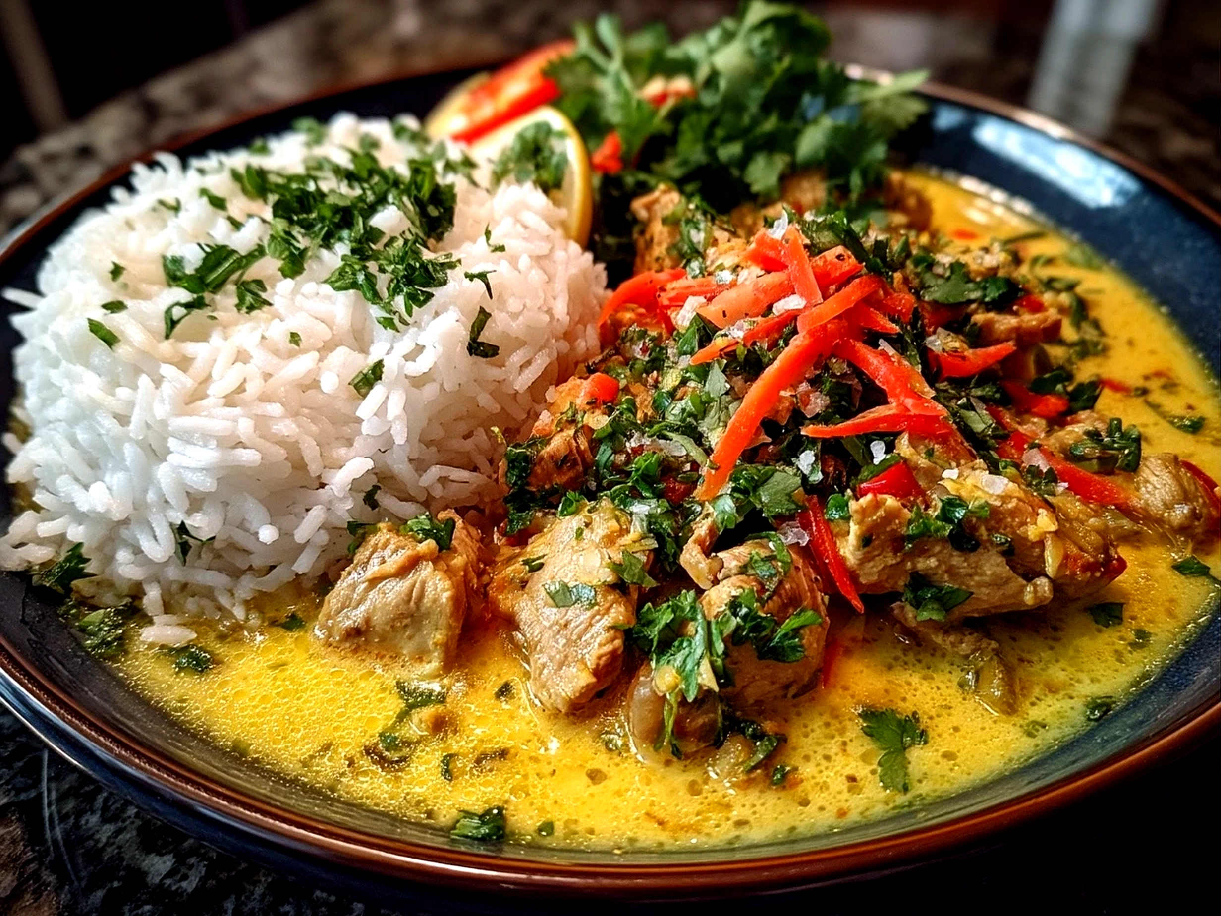 Slight angle close-up of finished Thai Chicken Coconut Curry served