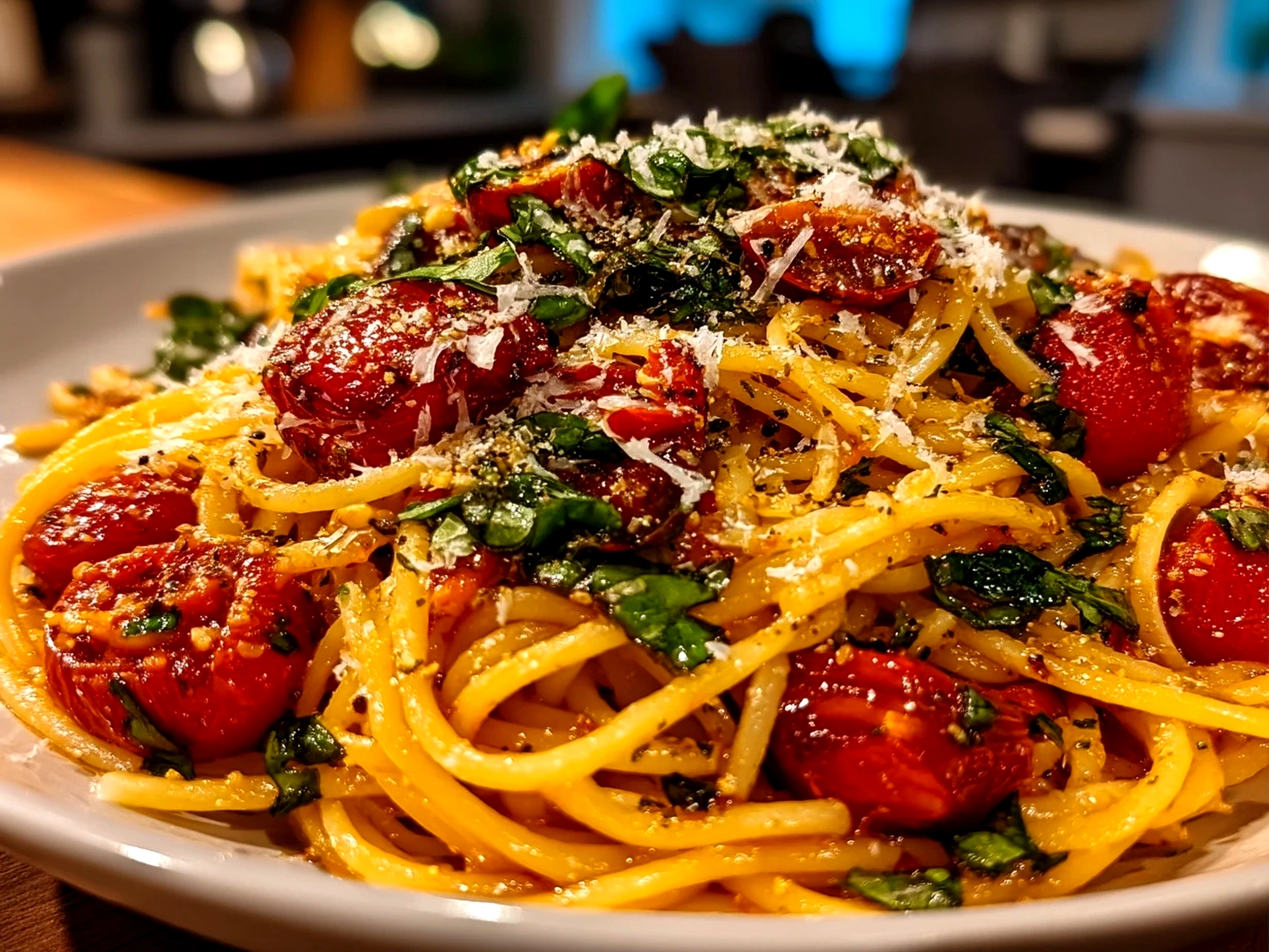 Close-up of finished Tomato Garlic Pasta with glistening sauce served on a plate