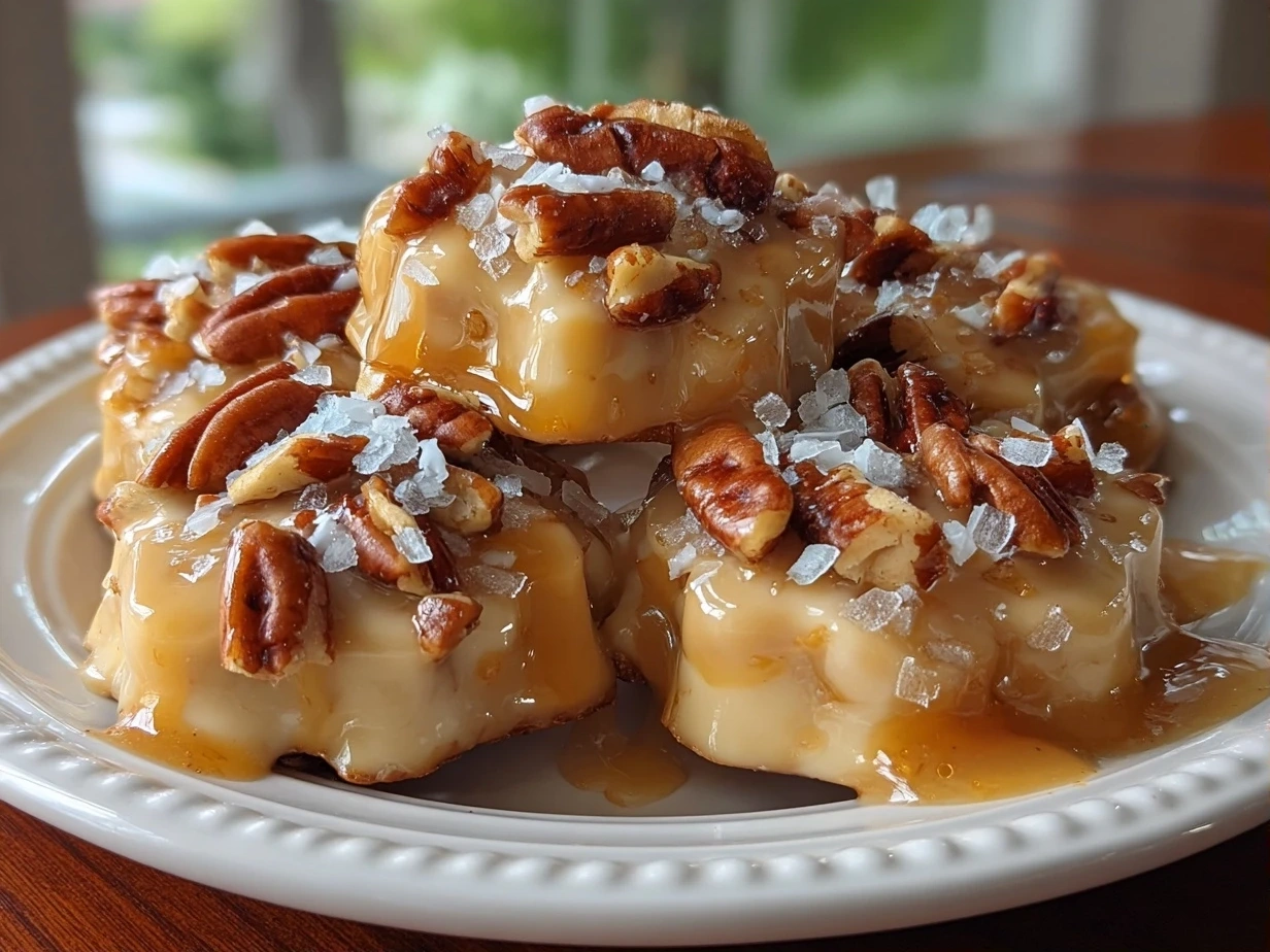 Slight angle close up of finished vanilla pecan pralines