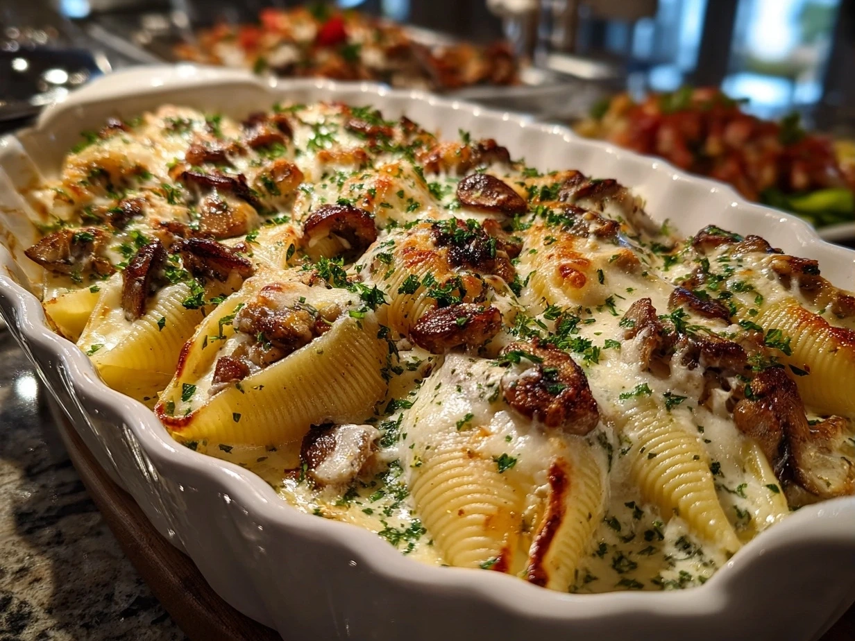 Slight angle close-up of finished White Wine Mushroom Stuffed Shells with melty cheese and fresh parsley garnish.