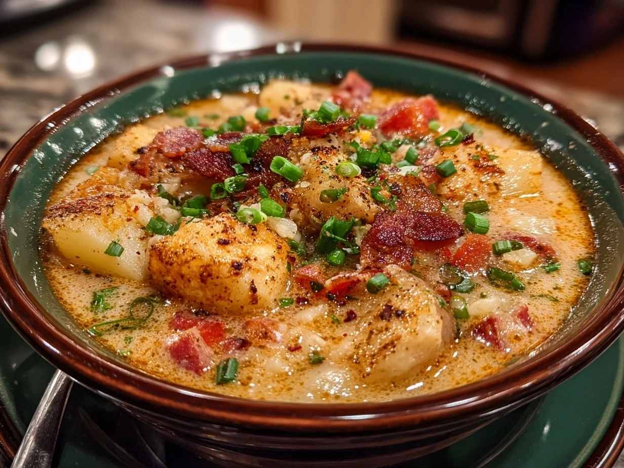 Slight angle close up of finished creamy Cajun Potato Soup in bowl