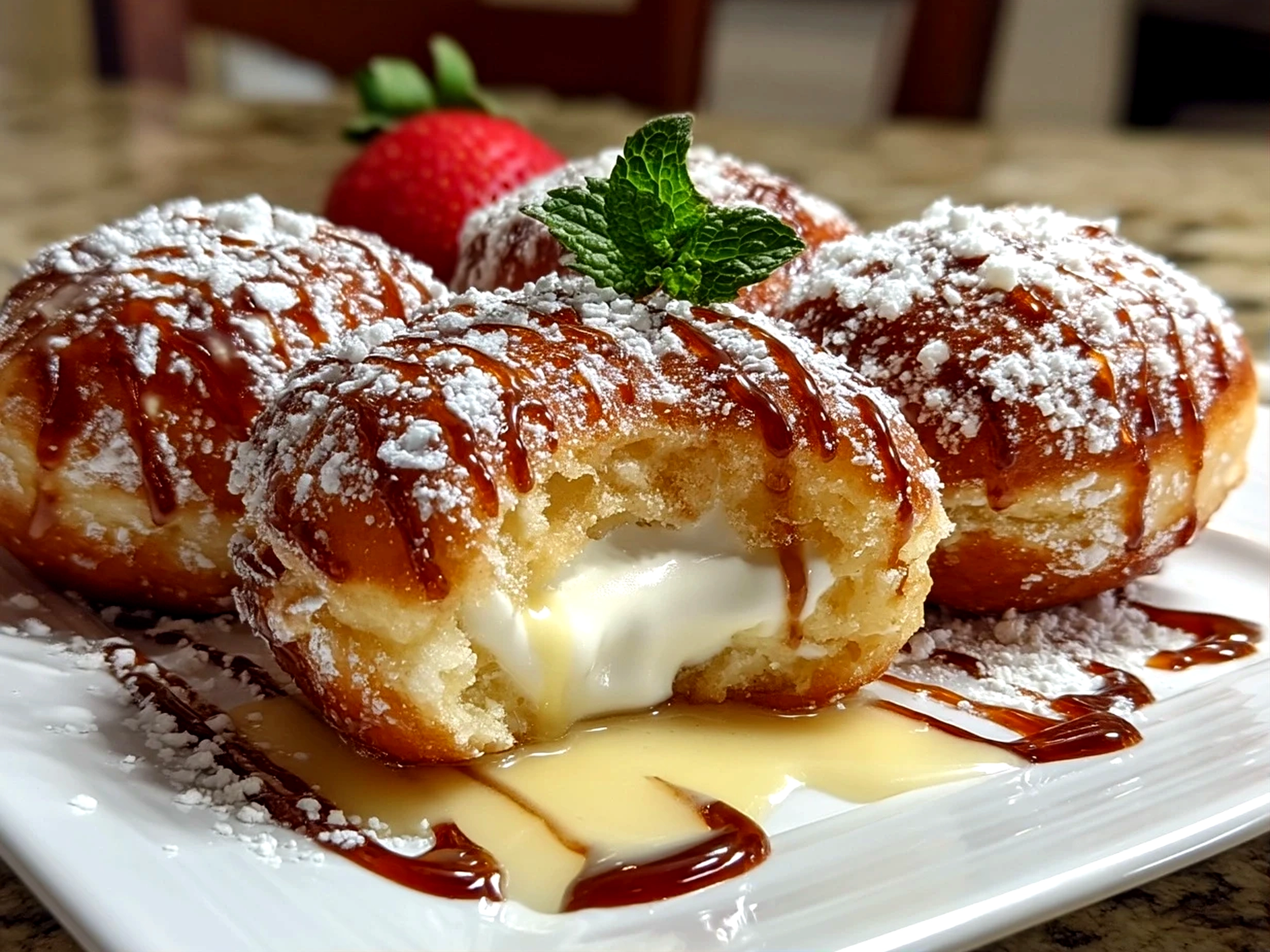 Slight angle close-up of finished Italian Bomboloni Cream Donuts dusted with powdered sugar