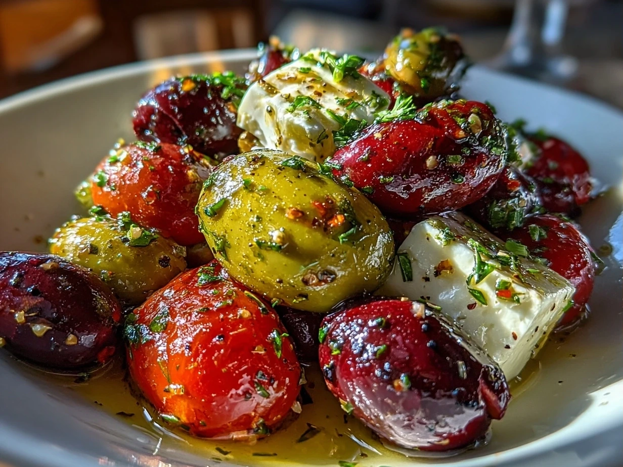 Slight angle close-up of finished marinated olives and feta cheese
