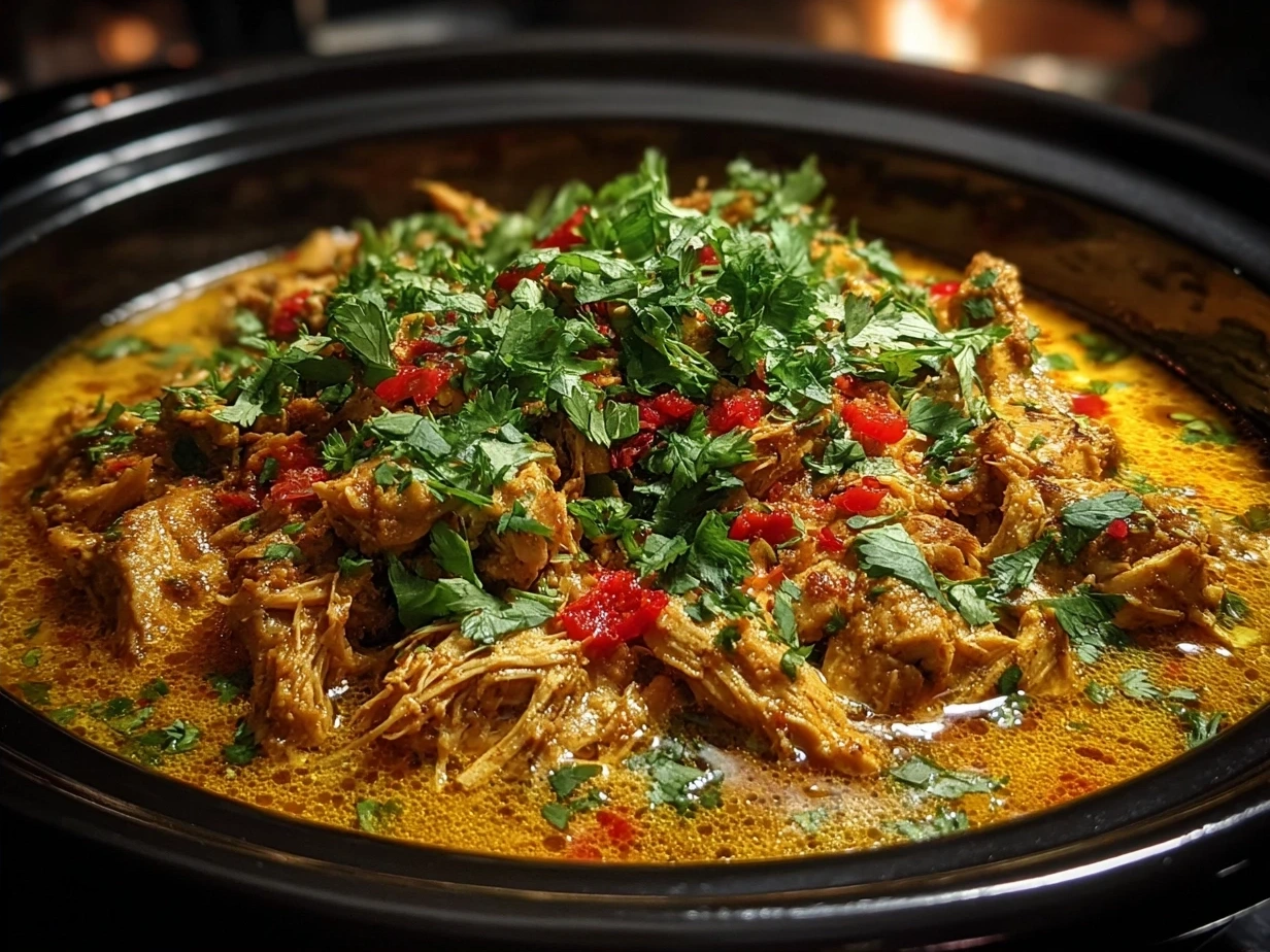 Final plated Slow Cooker Chicken Korma recipe garnished with fresh cilantro