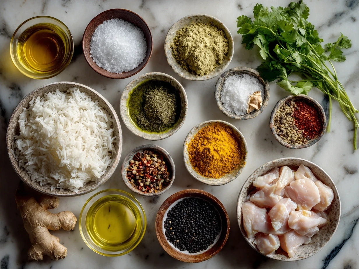 Ingredients for Slow Cooker Chicken Korma recipe including chicken, spices, yogurt, and coconut milk