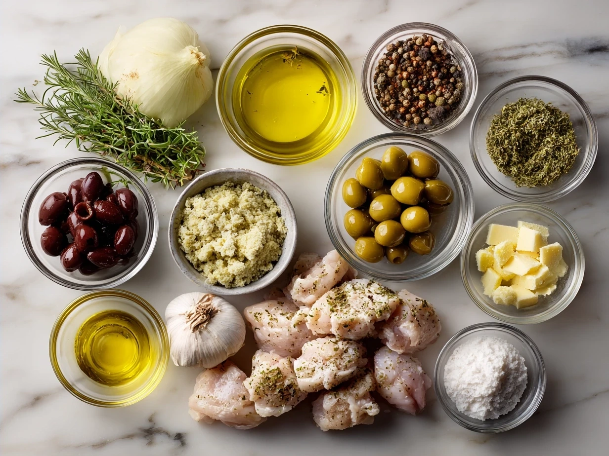 Ingredients for Slow Cooker Greek Chicken including chicken, garlic, lemon, cherry tomatoes, olives, and herbs