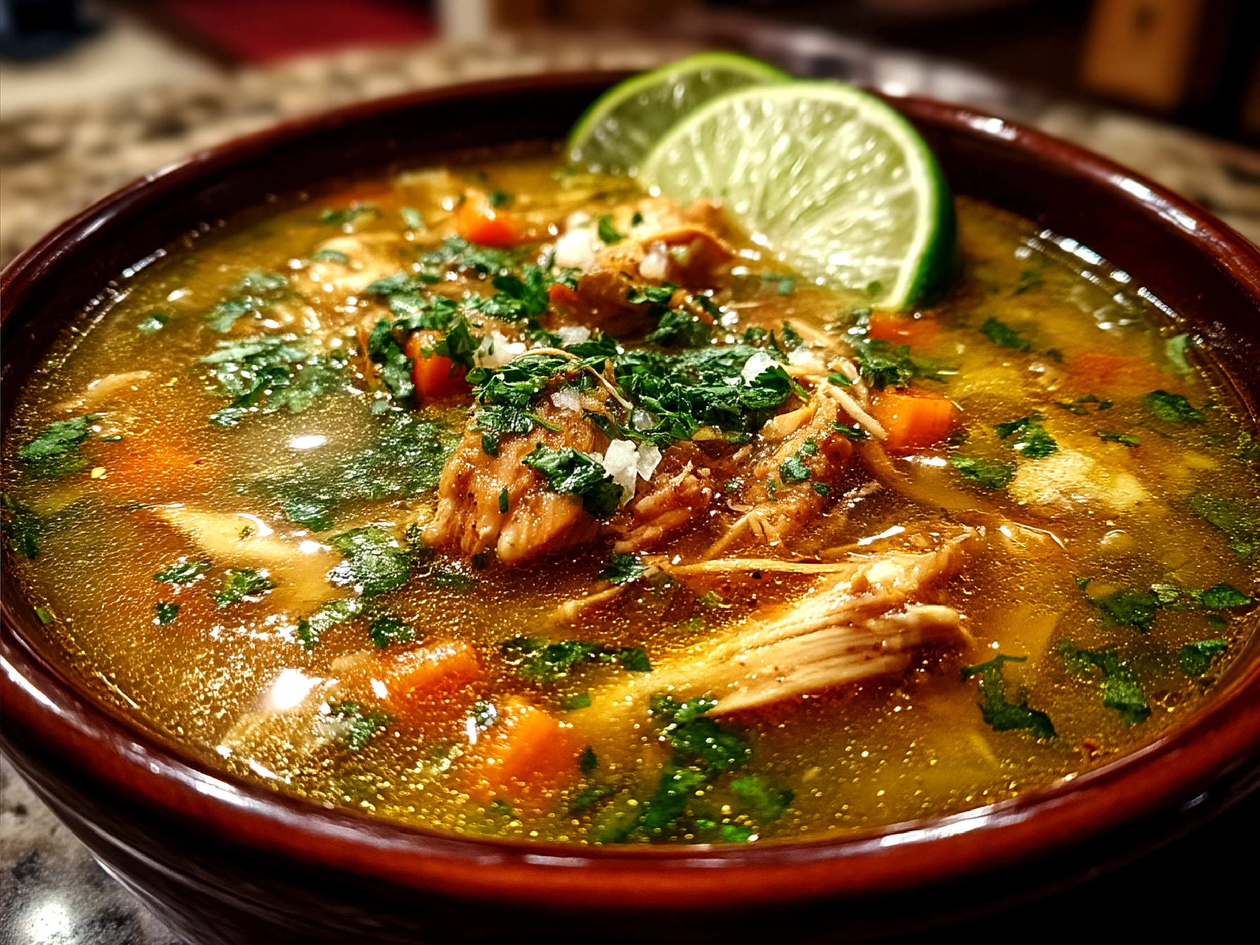 Bowl of Slow Cooker Green Enchilada Chicken Soup served with tortilla chips and garnished with cilantro