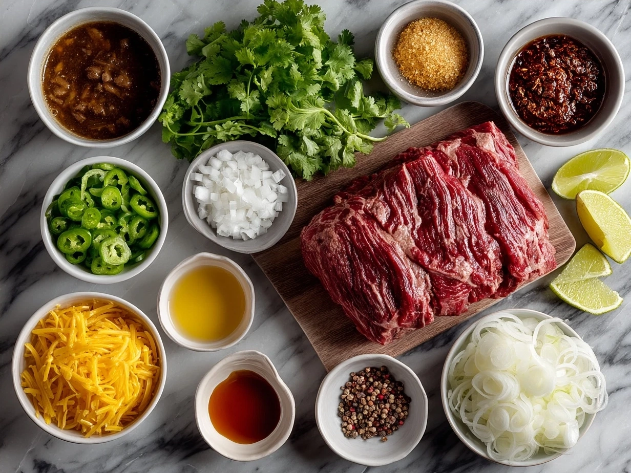 Ingredients for Slow Cooker Mexican Shredded Beef including beef chuck roast, onions, garlic, spices, and lime