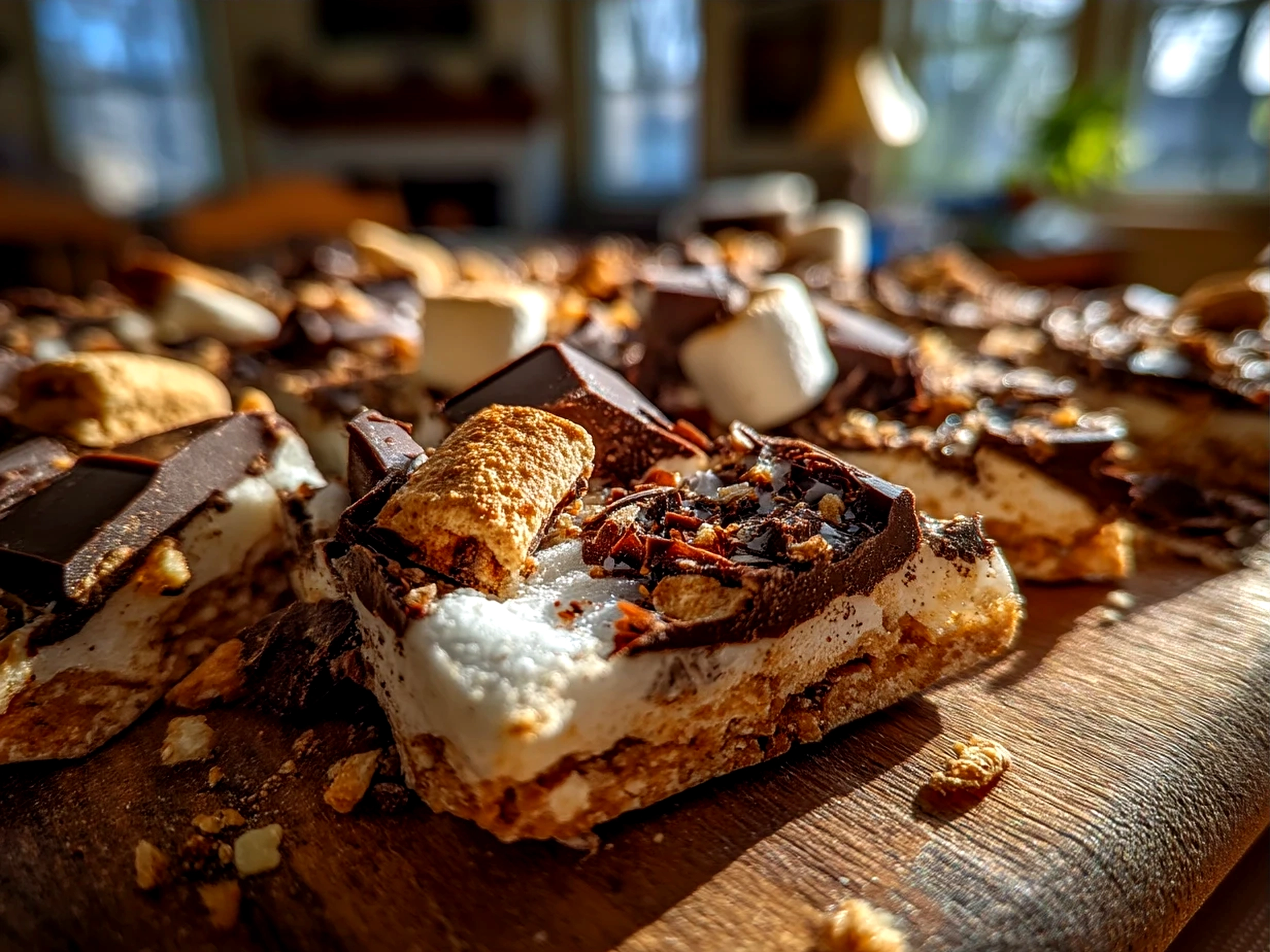 Serving pieces of homemade Smores Bark on a colorful platter