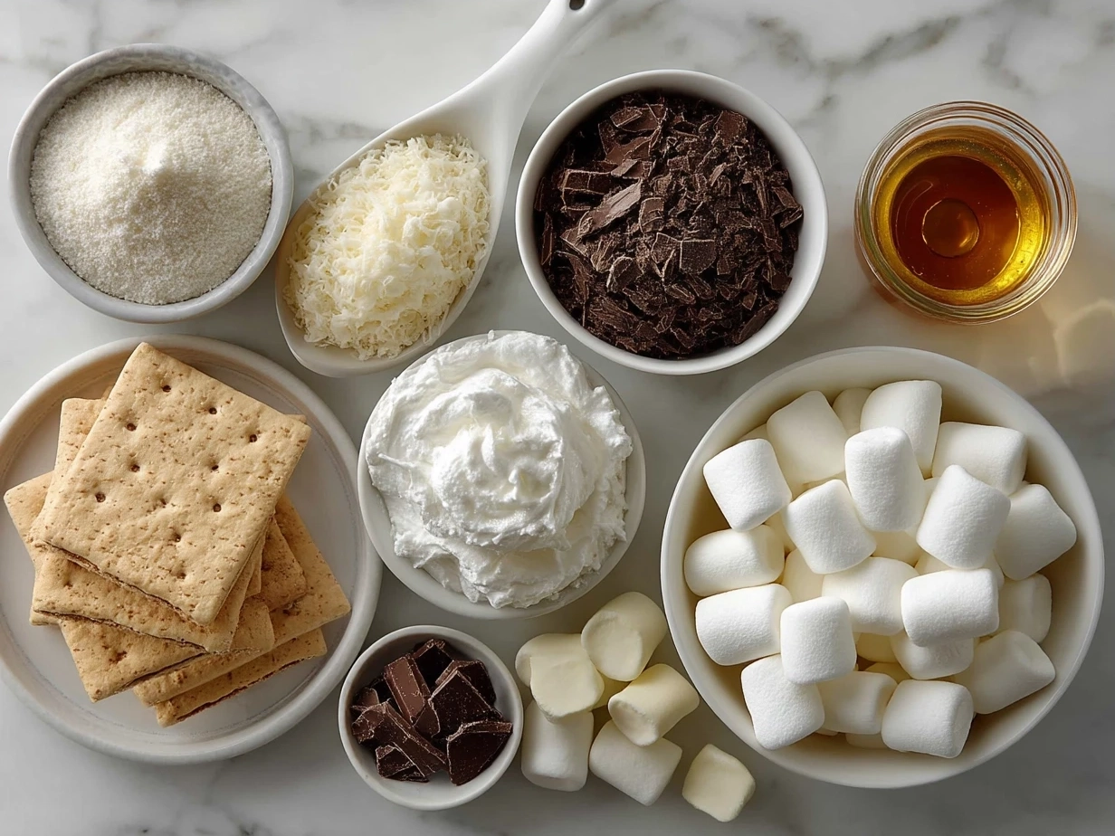 Ingredients for Smores Bark including chocolate chips, graham crackers, and marshmallows