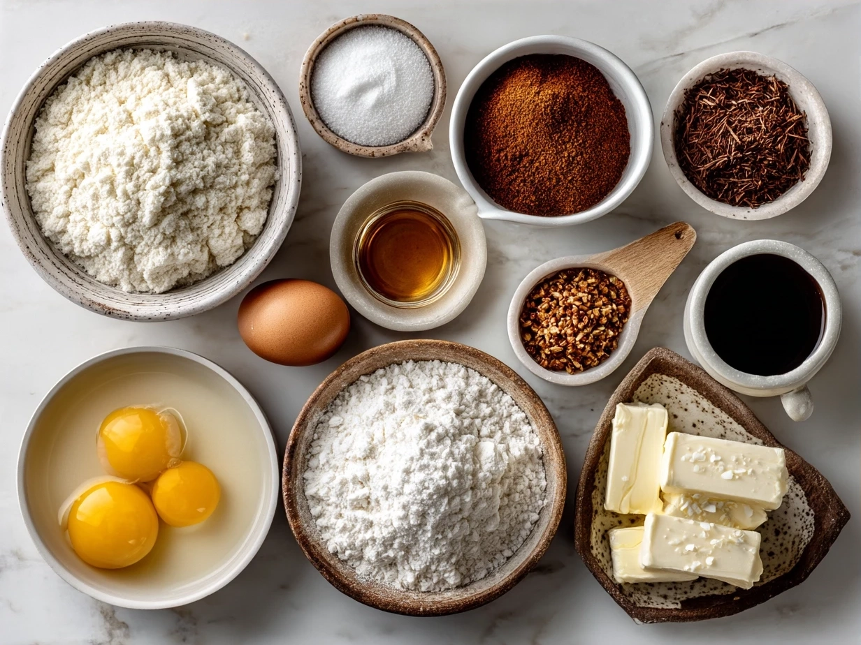 Ingredients laid out for Southern Cornbread, featuring cornmeal, flour, eggs, buttermilk, and butter