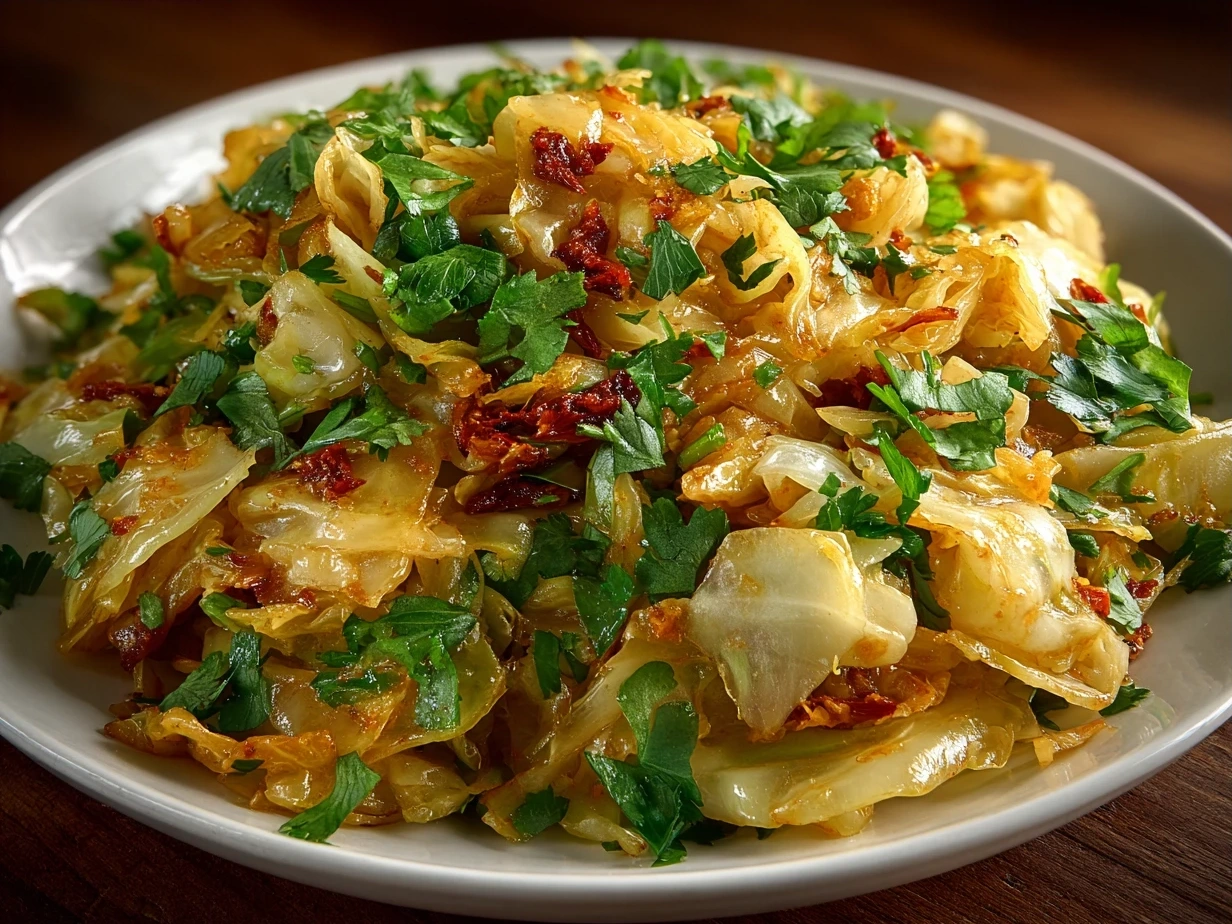A skillet of Southern Fried Cabbage ready to be served.