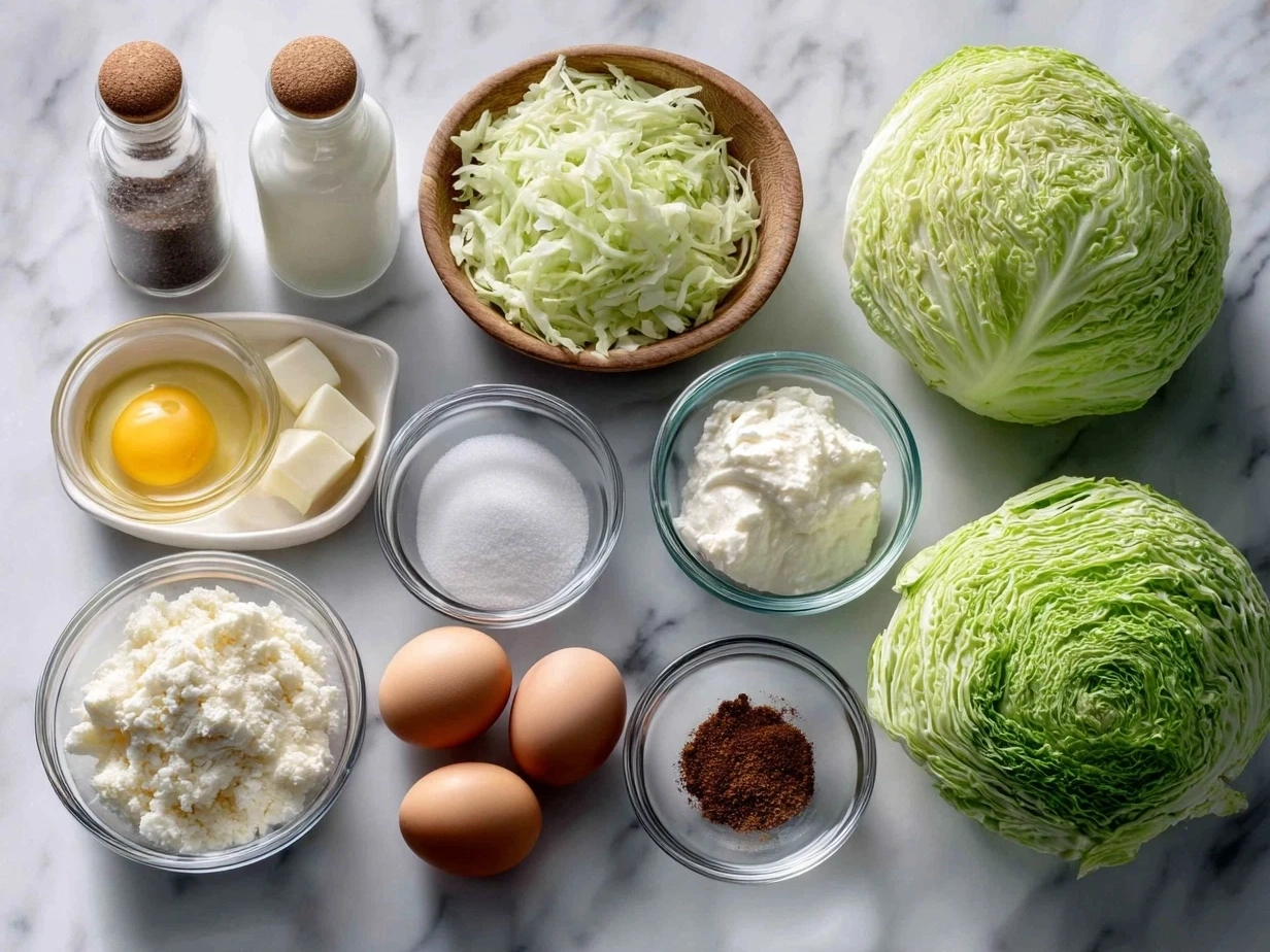 Ingredients for Southern Fried Cabbage including green cabbage, bacon, onion, garlic, chicken broth, apple cider vinegar, sugar, salt, pepper, and olive oil.