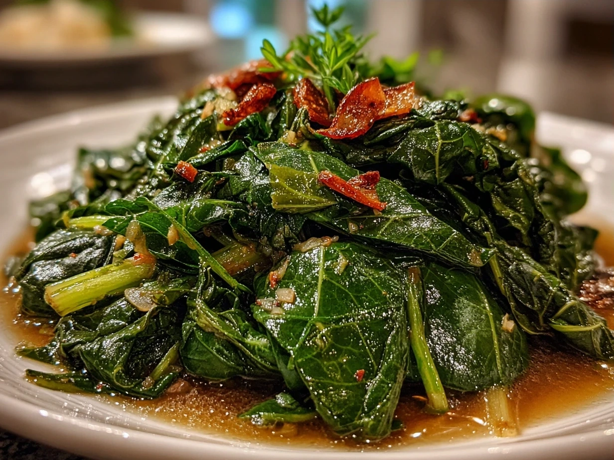 Finished Southern Turnip Greens in a bowl, garnished with red pepper flakes.